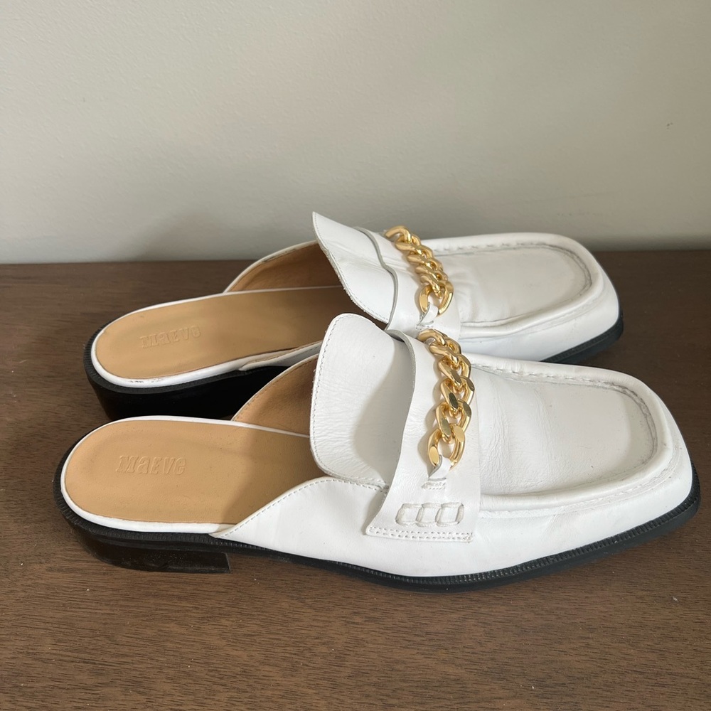 White Leather Loafers with Gold Chain